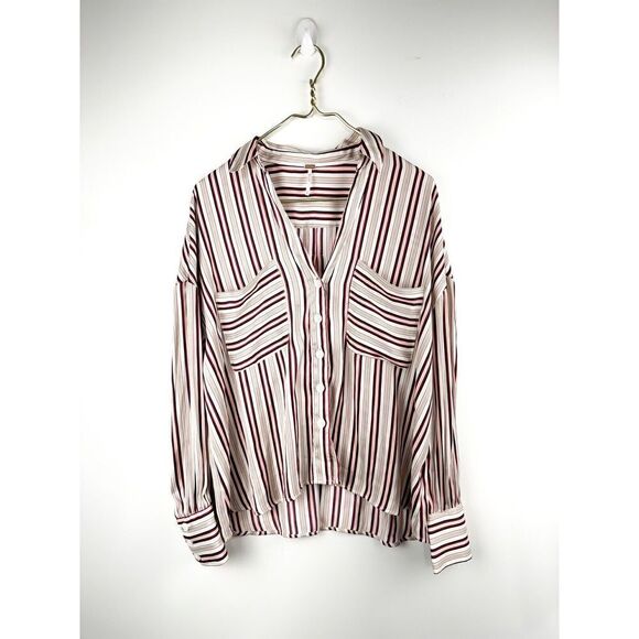 Free People Mad About You Red Striped Button Up Long Sleeve Blouse Sz M - Picture 3 of 6
